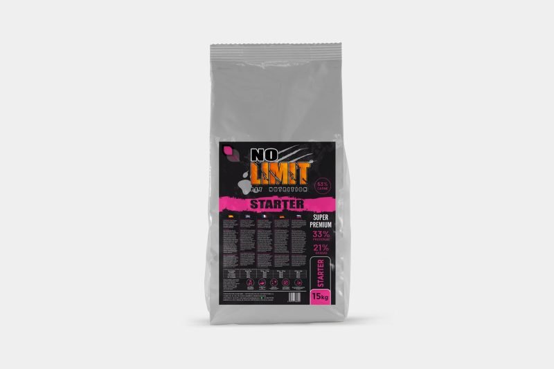 “Starter No Limit Pet Nutrition: 
¡La mejor fórmula para madres y cachorros! 
Con 53% de carne, 33% de proteínas y 21% de grasas, garantiza un crecimiento saludable y lleno de energía. 

Sin transgénicos, baja en cereales y con ingredientes de máxima calidad. ¡El comienzo perfecto para su vida!” en formato de 15kg.............................

Composición analítica: 
Proteína bruta: 33% 
Grasas brutas: 21% 
Fibra bruta: 1.5% 
Cenizas brutas: 7.5% 
Calcio: 1.4% 
Fósforo: 1%