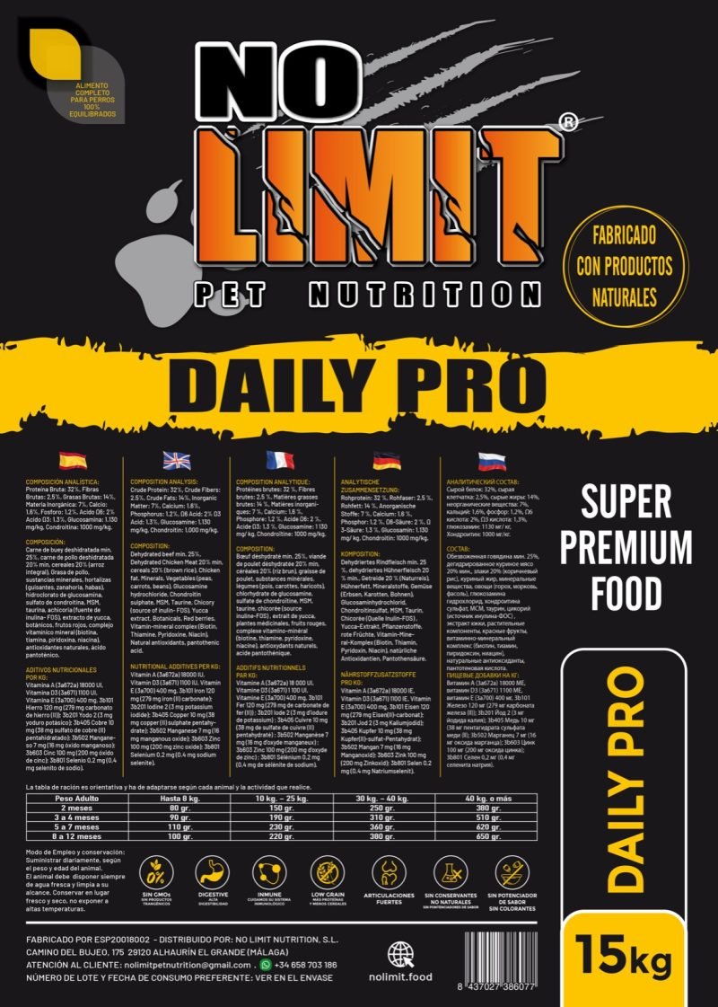 NO LIMIT DAILY PRO .-Con buey deshidratado y pollo, esta fórmula completa y equilibrada es ideal para la alimentación diaria. Alta digestibilidad, fortalecimiento del sistema inmune y articulaciones fuertes gracias a ingredientes naturales de calidad superior. ¡Nutrición Premium para su perro!”en formato de 15kg......................COMPOSICIÓN ANALÍTICA : Proteína Bruta: 32%, Fibras Brutas: 2,5%, Grasas Brutas: 14%, Materia Inorgánica: 7%, Calcio: 1.6%, Fosforo: 1,2%, Acido 06: 2% Acido 03: 13% Glucosamina: 1.130 mg/kg, Condroitina: 1000 mg/kg..... - Imagen 2