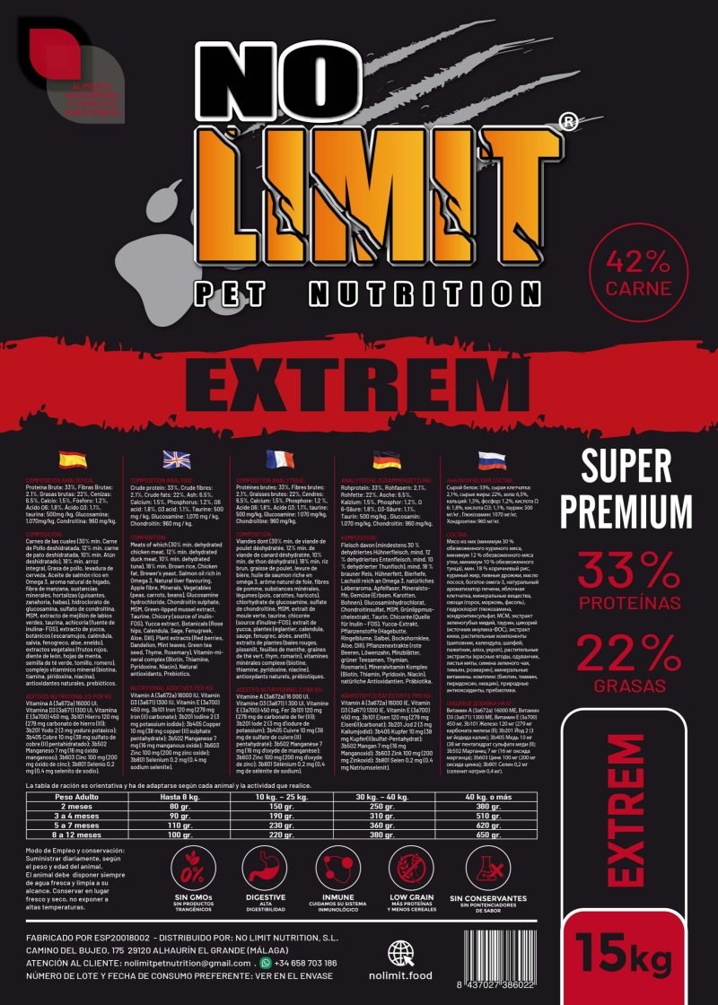 “Extrem No Limit Pet Nutrition: Energía extrema para perros activos. Con 52% de carne, 33% de proteínas y 22% de grasas, está diseñado para cubrir las demandas de energía más altas. Sin transgénicos, baja en cereales y con ingredientes de máxima calidad. ¡El mejor combustible para su rendimiento!”en formato de 15kg.....................Composición analítica: Proteína bruta: 33% Grasas brutas: 22% Fibra bruta: 2.5% Cenizas brutas: 7.5% Calcio: 1.5% Fósforo: 1.2%..... - Imagen 2