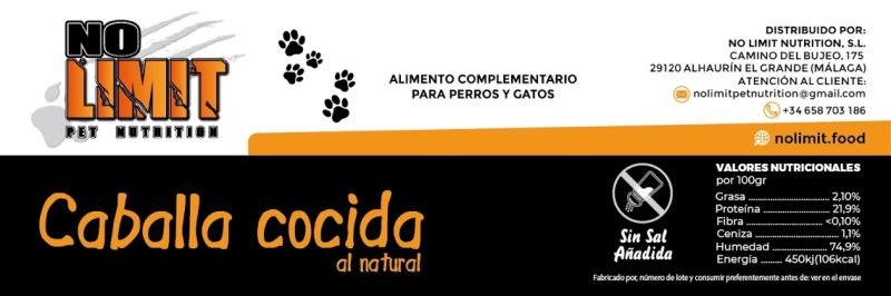 Caballa Cocida al Natural – Nutrición Premium para Perros y Gatos  En NO LIMIT PET NUTRITION, llevamos la alimentación de tu mascota al siguiente nivel con nuestra caballa cocida al natural. Un alimento complementario rico en proteínas de alta calidad, ácidos grasos esenciales y sin aditivos. Perfecto para aportar los nutrientes esenciales que tu perro o gato necesita para una vida saludable y llena de energía.  ✅ 100% Natural ✅ Sin sal añadida ✅ Fuente de Omega 3 ✅ Fabricado en España  ¡Dale a tu mascota lo mejor con NO LIMIT PET NUTRITION! - Imagen 2