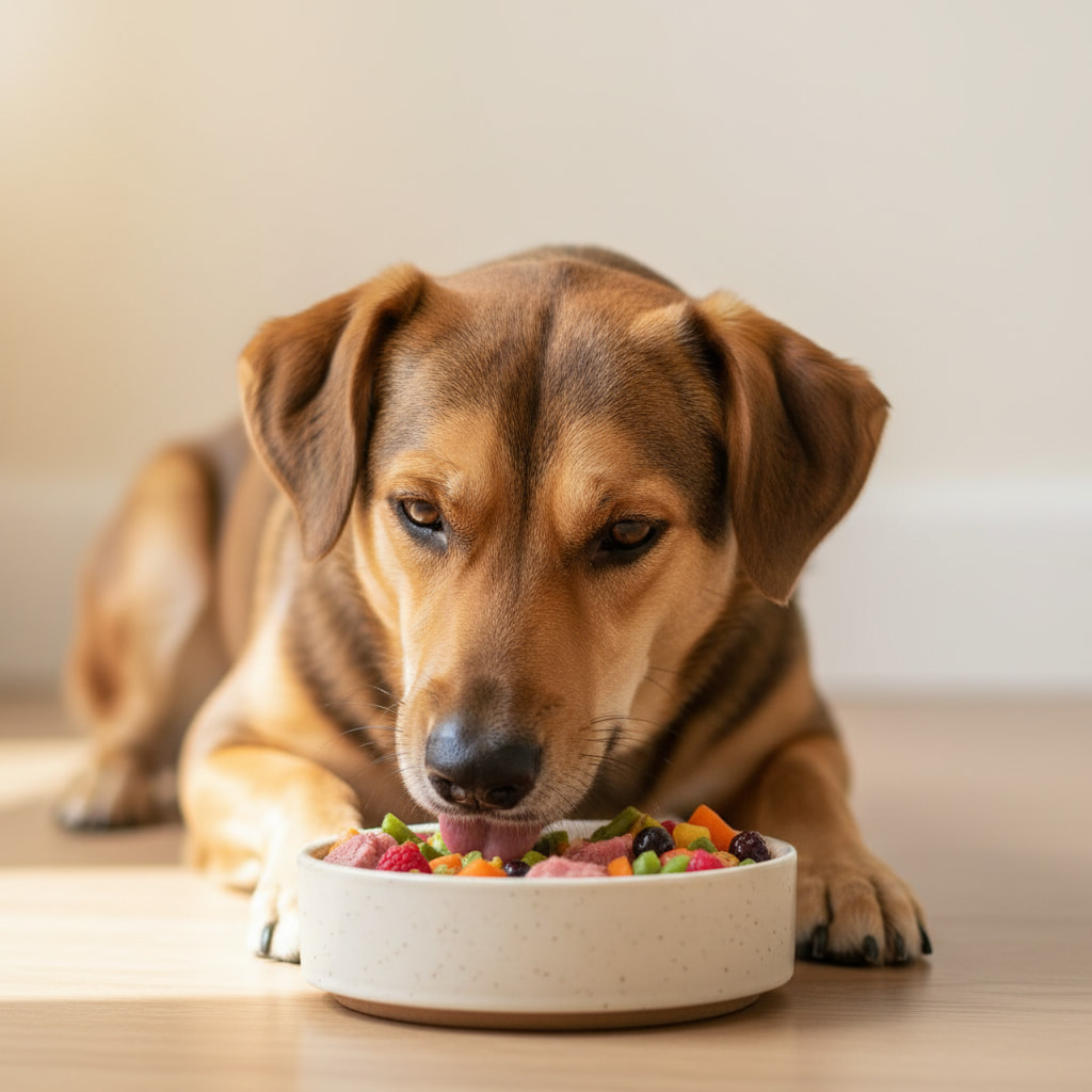 Perro sano comiendo pienso grain-free e hipoalergénico, ideal para perros con alergias o intolerancias alimentarias.