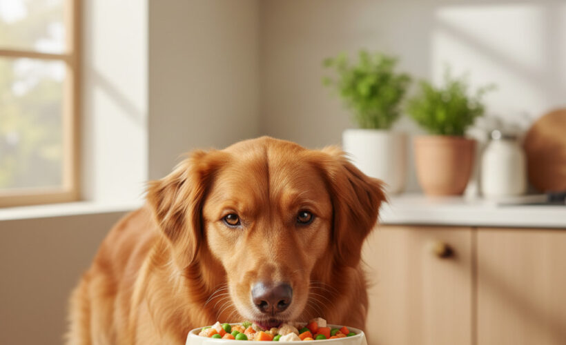 Perro sano comiendo pienso grain-free e hipoalergénico, ideal para perros con alergias o intolerancias alimentarias.