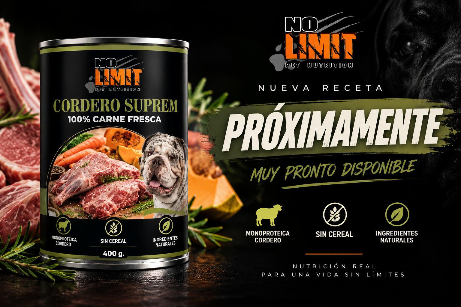 NO LIMIT Cordero Suprem. Nueva receta monoproteica sin cereal. Próximamente, muy pronto disponible.