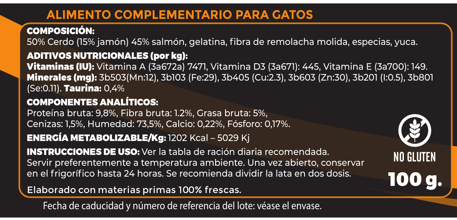 Etiqueta de NO LIMIT Jamón y Salmón para gatos: composición, componentes analíticos y conservación