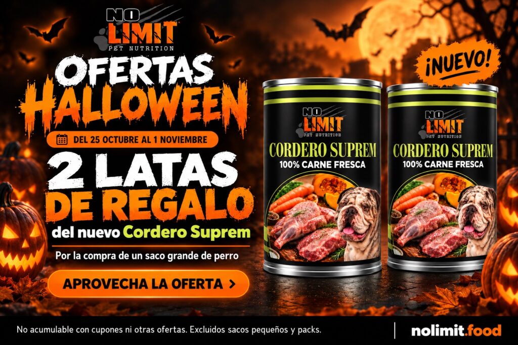 Halloween NO LIMIT: dos latas Cordero Suprem gratis por cada saco grande de perro, incluidos los rebajados. Del 25 de octubre a las 09:00 al 1 de noviembre. Excluidos sacos pequeños, packs, BIENVENIDA10 y FAMILY15.